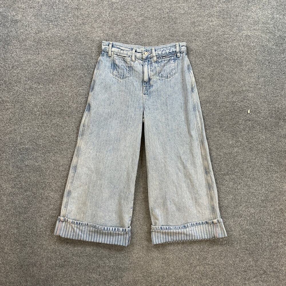 We The Free People Jeans Womens 28 Denim Brette Wide Leg Cropped Stripe Cuffed - Picture 2 of 15